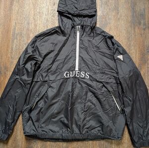 Guess Black Windbreaker Jacket With Hood, Half Zip, and Pockets Men's Size XXL